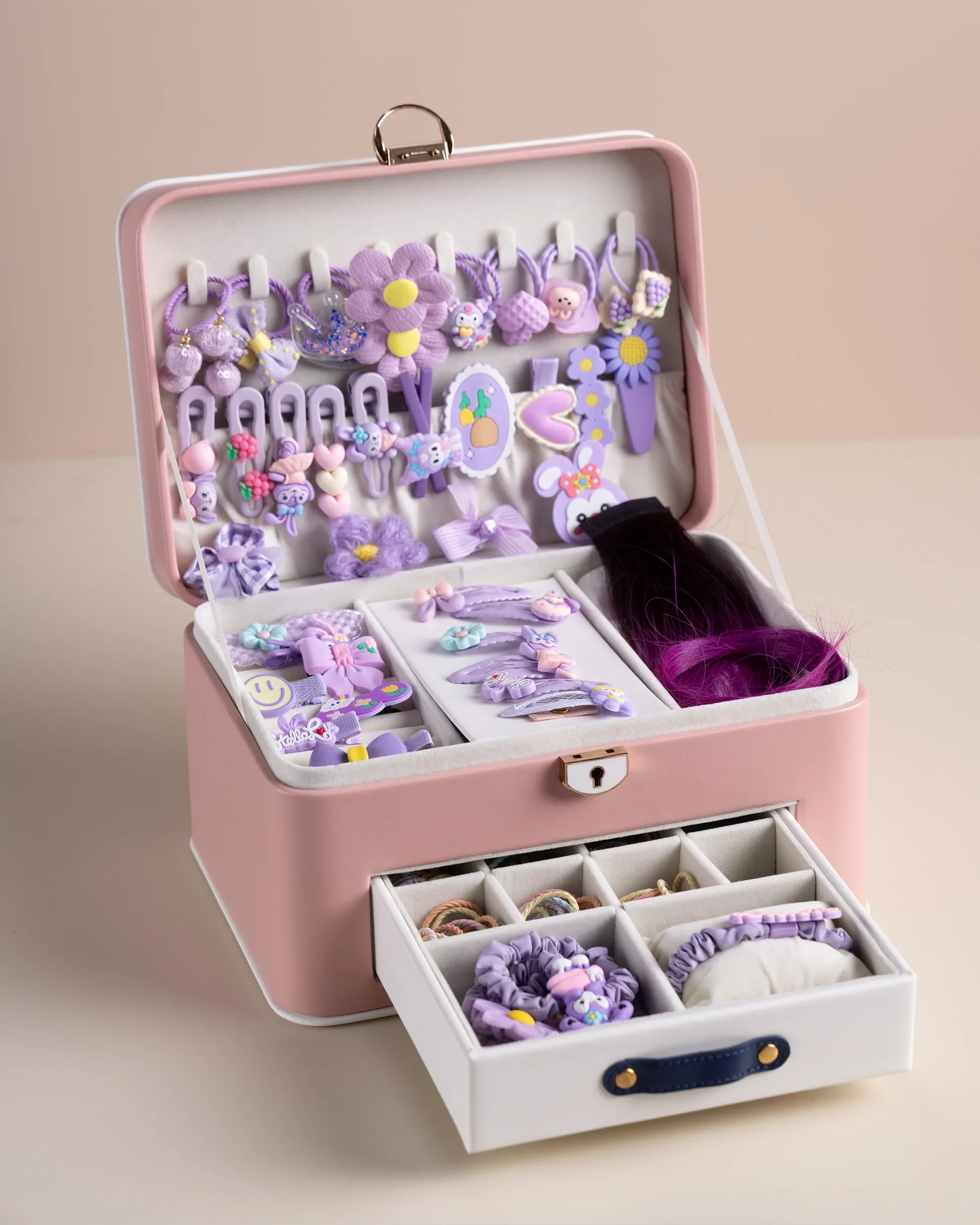 Cute Kids Hair Accessories Storage Box with Clips, Bands & Organizer Drawers